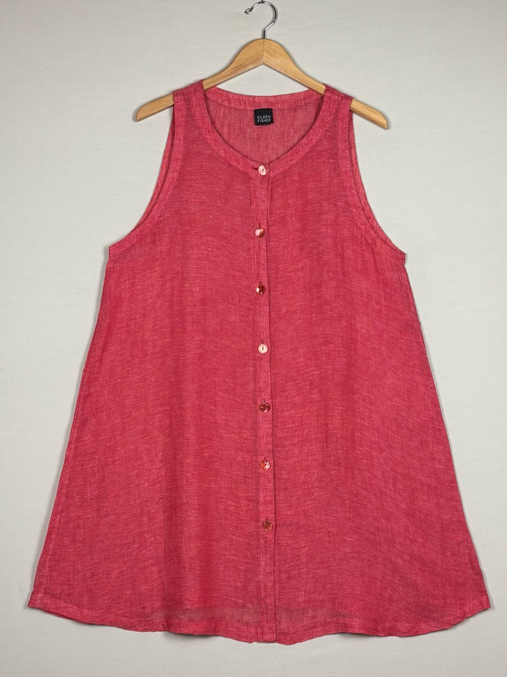 Eileen Fisher Linen Button Front Trapeze Dress Red Sleeveless Lagenlook